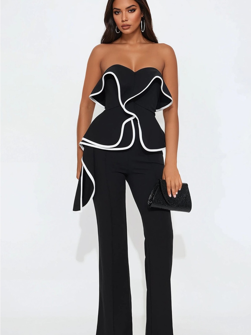 Fashion Nova Black Strapless Ruffle Peplum Jumpsuit with White Trim